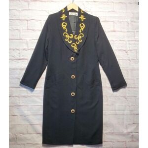 VTG Lilli Ann Coat Womens 6 Medium‎ Black Long Gold Embroidered Dressy Retro 80s